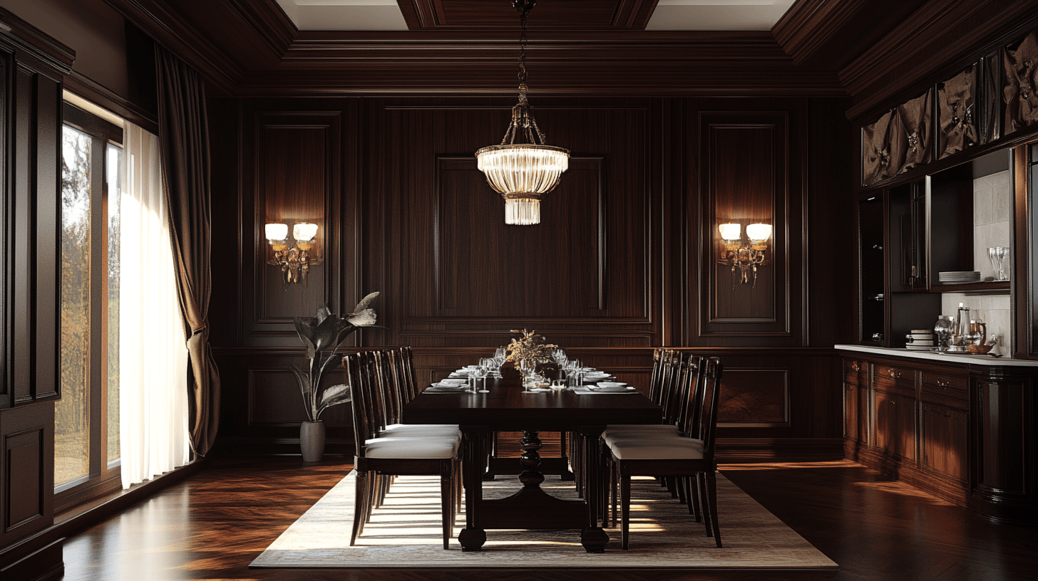 Esszimmer mit dunklen Holzelementen: Elegante und behagliche Akzente