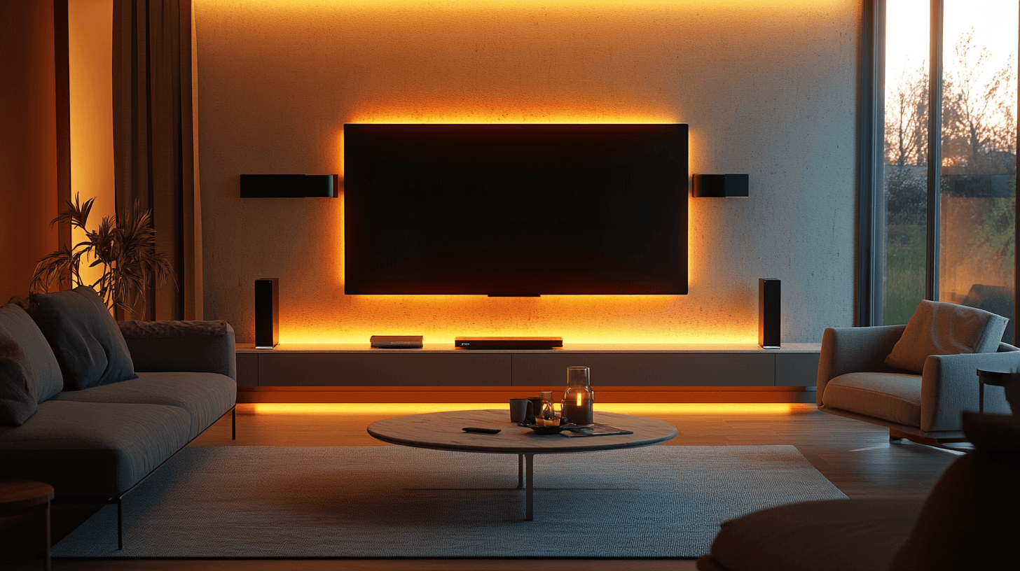 Wohnzimmer mit eingebauter Media-Wand: Technik elegant in Szene setzen