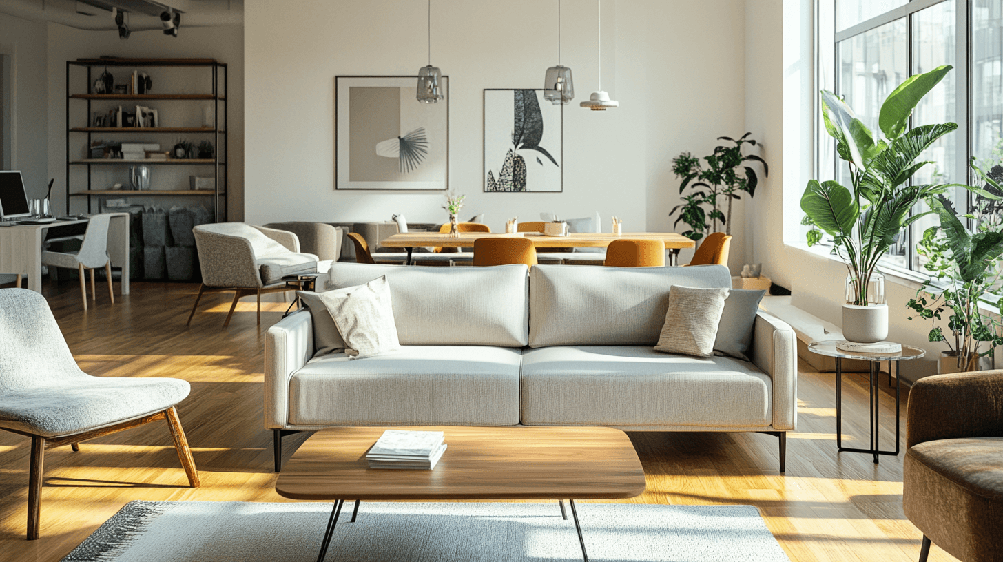 Vielseitiges Wohnzimmer: Wohnen, Essen und Arbeiten in einem Raum