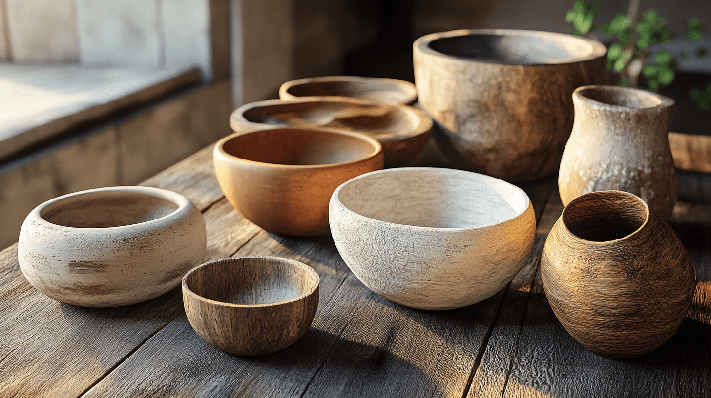 Schalen und Vasen aus natürlichen Materialien: Holz, Stein und Ton