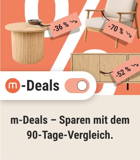 Infokachel zu m-Deals – mit 90-Tage-Preisvergleich und Deal-Filter-Schalter.